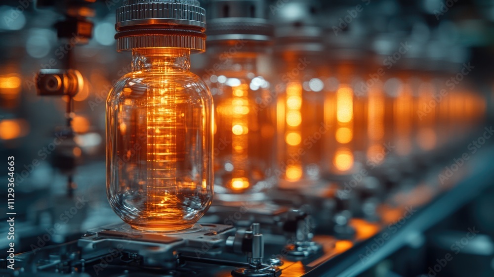A close-up shot of a glass bottle moving along a conveyor belt A close-up shot of a glass bottle moving along a conveyor belt