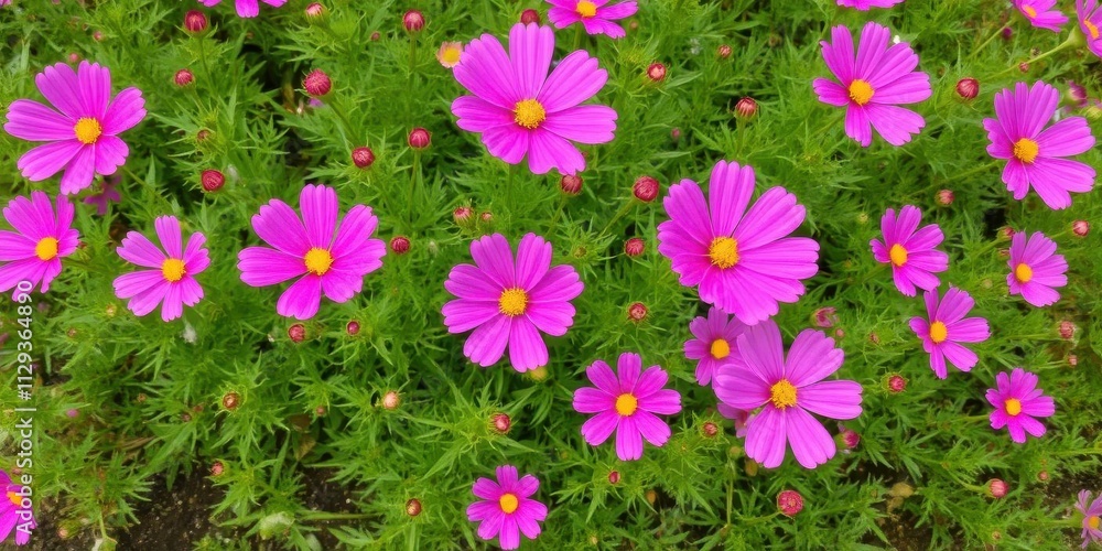 Vibrant pink Cosmos flowers in full bloom in a garden with green foliage, delicate Vibrant pink Cosmos flowers in full bloom in a garden with green foliage, delicate