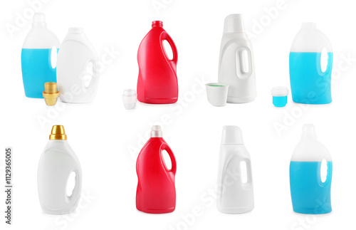 Laundry detergent and fabric softener in bottles isolated on white, set