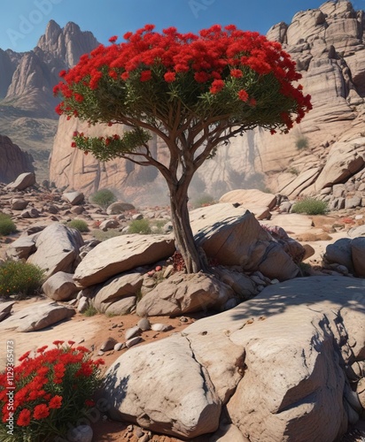 Dry rocky outcrop with small tree (Arbusto) and red flowers of Baccharis consamguinea , Consolida, thorny tree photo