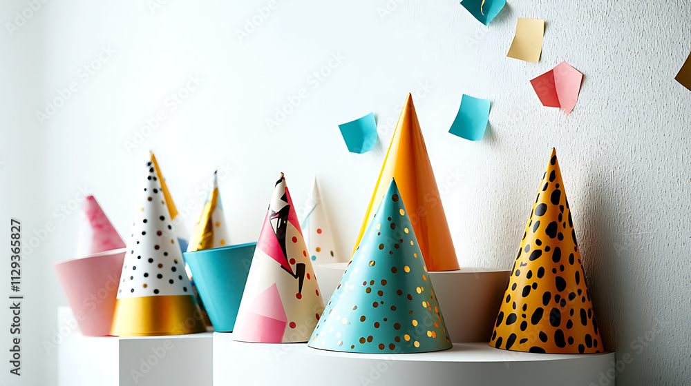 Obraz premium A collection of party hats with different colors and designs