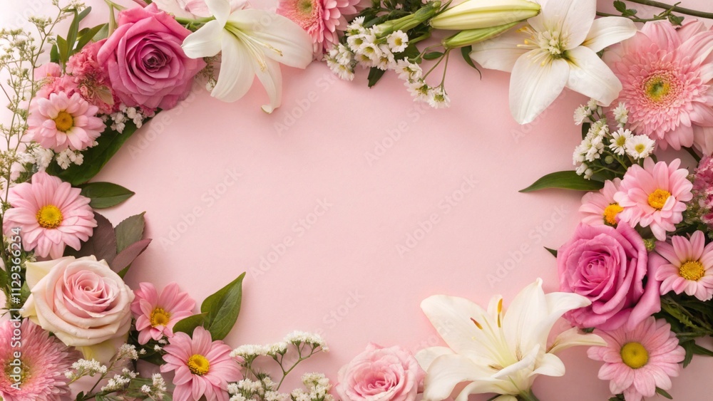 Mother’s Day flower frame, mixed blooms on pink background, top view. Mother’s Day flower frame, mixed blooms on pink background, top view.