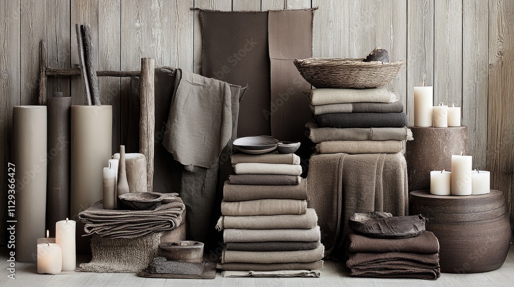 Cozy Rustic Textiles and Candle Decor in Earthy Tones Against Wood Background Cozy Rustic Textiles and Candle Decor in Earthy Tones Against Wood Background