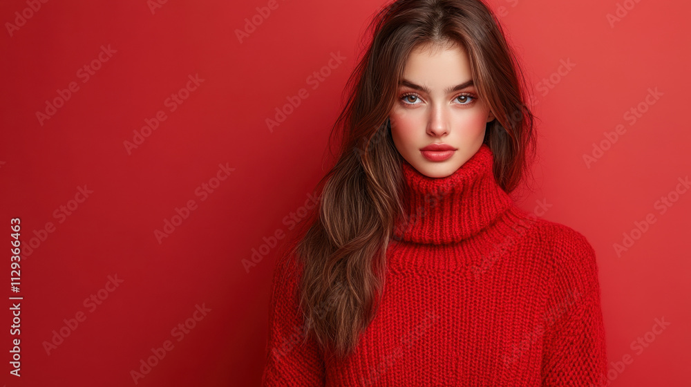 A young woman poses confidently in a cozy red turtleneck sweater, set against a striking red background. This design is ideal for holiday season fashion promotions, highlighting Christmas offerings. A young woman poses confidently in a cozy red turtleneck sweater, set against a striking red background. This design is ideal for holiday season fashion promotions, highlighting Christmas offerings.