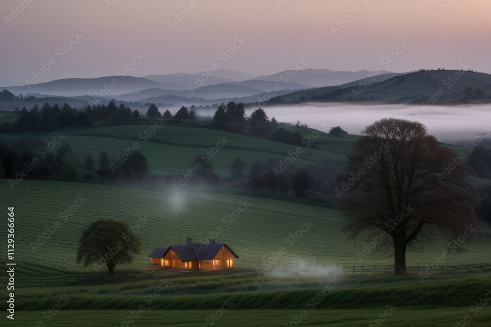 Secluded Cabin Serenity: Foggy Sunrise in Rolling Hills Secluded Cabin Serenity: Foggy Sunrise in Rolling Hills