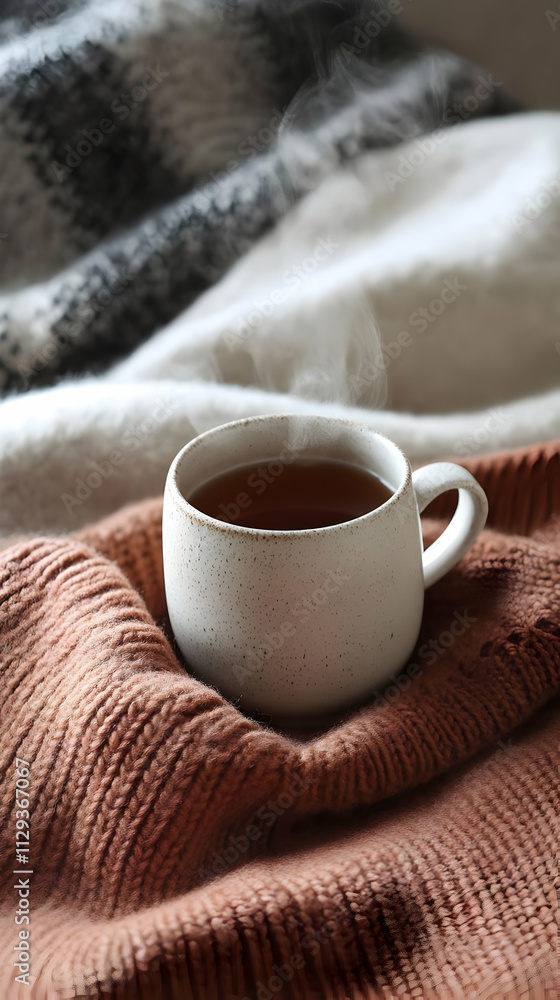 Sweater Mockup - A cozy scene featuring a steaming cup of tea on a warm blanket. Sweater Mockup - A cozy scene featuring a steaming cup of tea on a warm blanket.