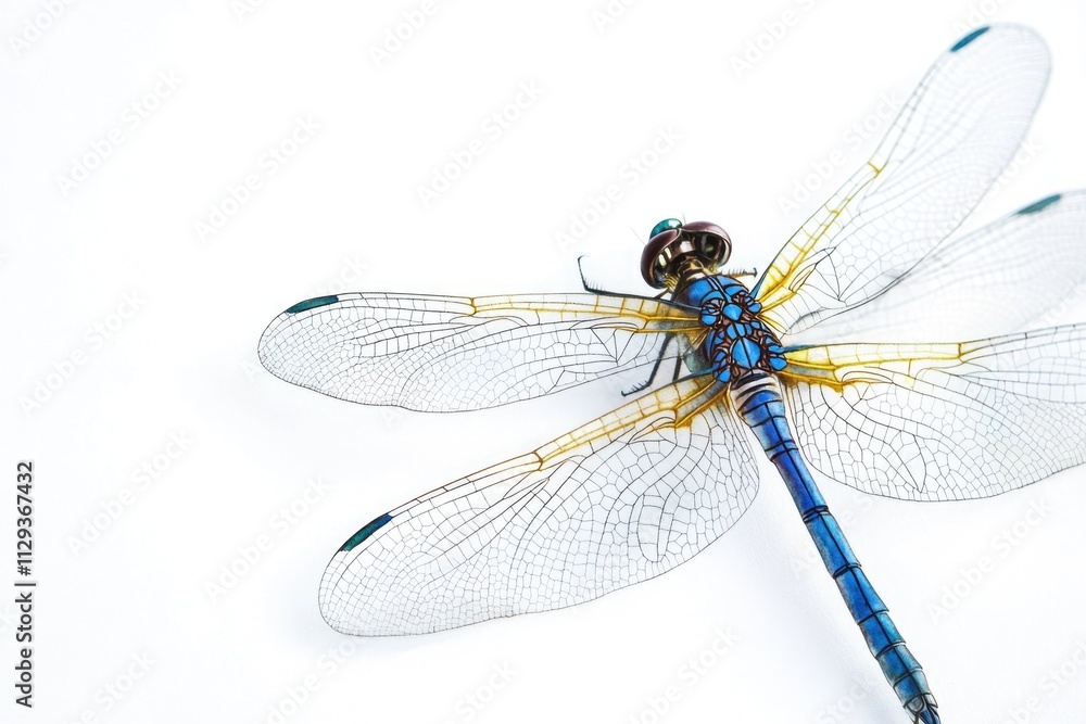A blue dragonfly sits on a smooth white surface, its delicate wings folded A blue dragonfly sits on a smooth white surface, its delicate wings folded