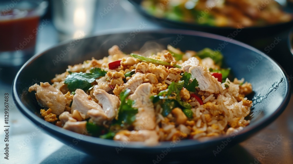 A warm and savory rice bowl with grilled meat on top, perfect for a casual meal or snack A warm and savory rice bowl with grilled meat on top, perfect for a casual meal or snack