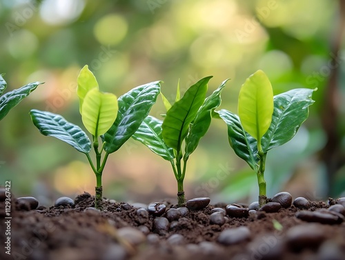 The image shows three young green plants growing in the soil. The plants are getting sunlight photo