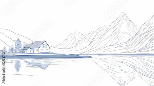 Beautiful scandinavian landscape. house on the lake. minimalism. fjords. mountainscape. one continuous line . line art. minimal single line.white background. one line drawing. Fjord. Illustration photo