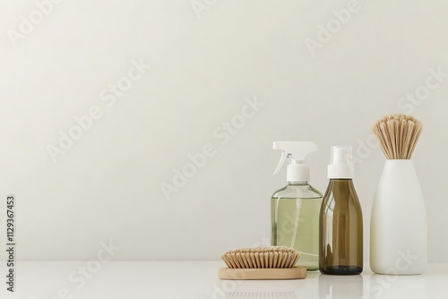 set of eco-friendly cleaning products including glass spray bottles and bamboo brushes displayed on clean white countertop photo