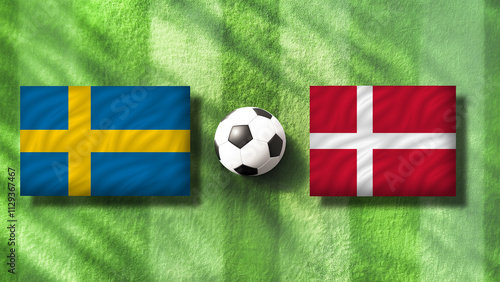 Sweden and Denmark flag with soccer ball on field,copy space for text or generative edits,football concept. photo