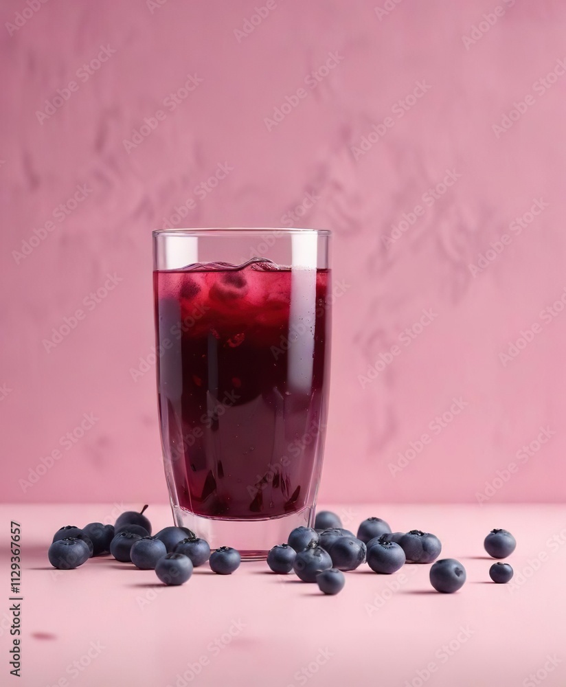 Glass of blueberry juice, fresh blueberries scattered on pink background, food, studio, background Glass of blueberry juice, fresh blueberries scattered on pink background, food, studio, background