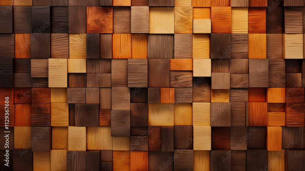 Wooden blocks arranged in a grid-like pattern. Each block displays unique wood grain patterns and a variety of rich, earthy tones such as deep brown, warm amber, golden yellow, and reddish-orange. Wooden blocks arranged in a grid-like pattern. Each block displays unique wood grain patterns and a variety of rich, earthy tones such as deep brown, warm amber, golden yellow, and reddish-orange.