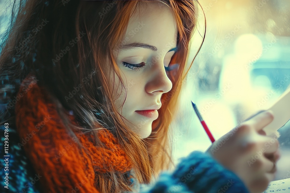 Obraz premium Young Woman in Cozy Scarf Writing by Window on a Winter Day