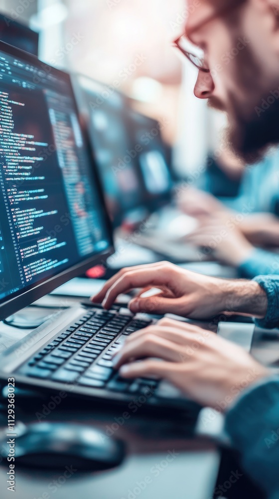 Focused Software Developer Coding on Dual Monitors in Modern Office Environment Focused Software Developer Coding on Dual Monitors in Modern Office Environment