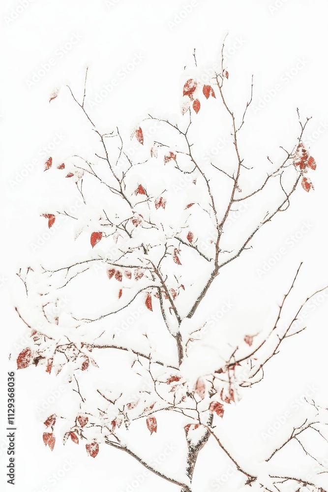 Snow-covered branches, lingering reddish leaves. Snow-covered branches, lingering reddish leaves.