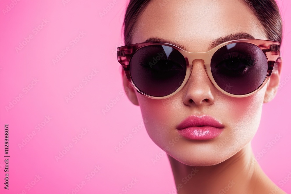 A woman wearing trendy sunglasses on a bright pink background A woman wearing trendy sunglasses on a bright pink background
