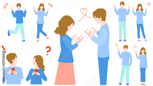 Set of illustrations of young men and women operating smartphones.