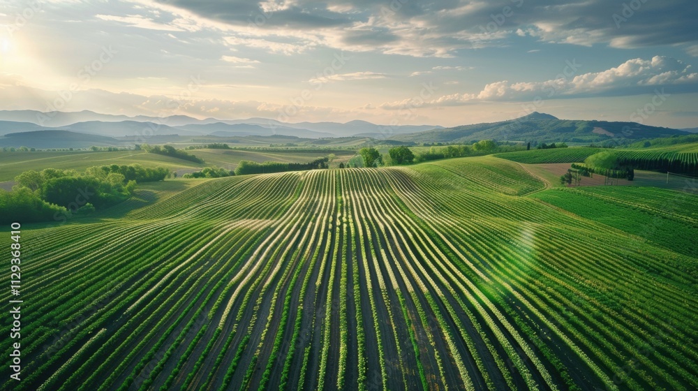 Fototapeta premium Aerial view captures the mesmerizing patterns of cultivated fields stretching across the tuscan landscape. Bathed in the warm glow of the setting sun. Creating a picturesque scene of rural beauty