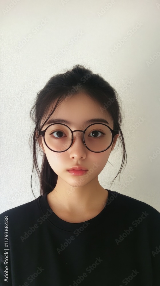 Young woman with glasses gazes confidently at the camera in a minimalist setting Young woman with glasses gazes confidently at the camera in a minimalist setting