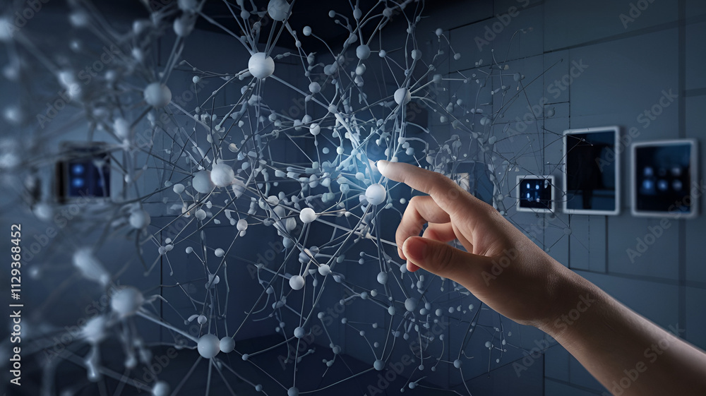 Human hand touching neuronal complex, 3d holograph Human hand touching neuronal complex, 3d holograph