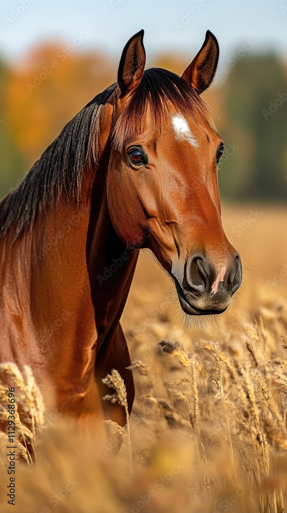 Obraz premium Majestic Brown Horse in Sunlit Meadow with Autumnal Backdrop