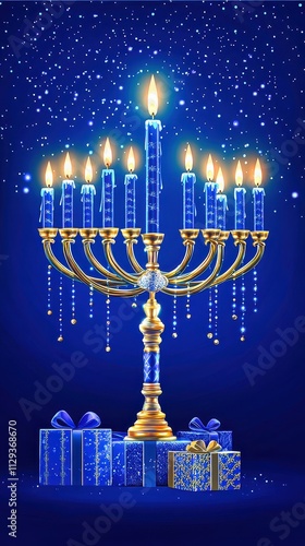 Glowing menorah shines brightly amidst festive blue decorations and gifts celebrating the spirit of Hanukkah at night