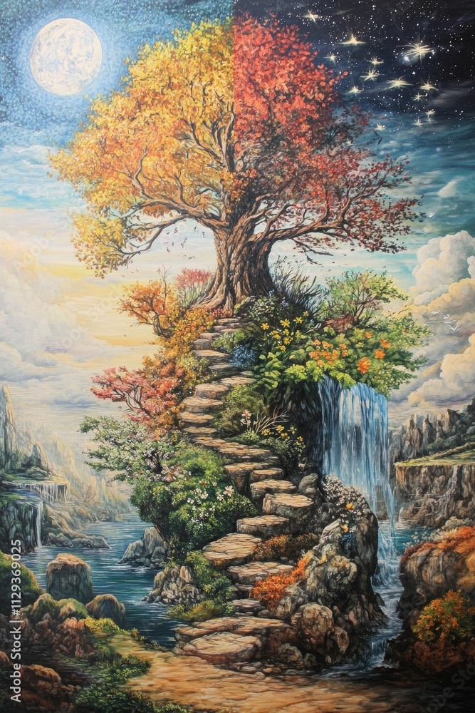 Stone steps ascend a tree, waterfalls, moon, stars. Stone steps ascend a tree, waterfalls, moon, stars.