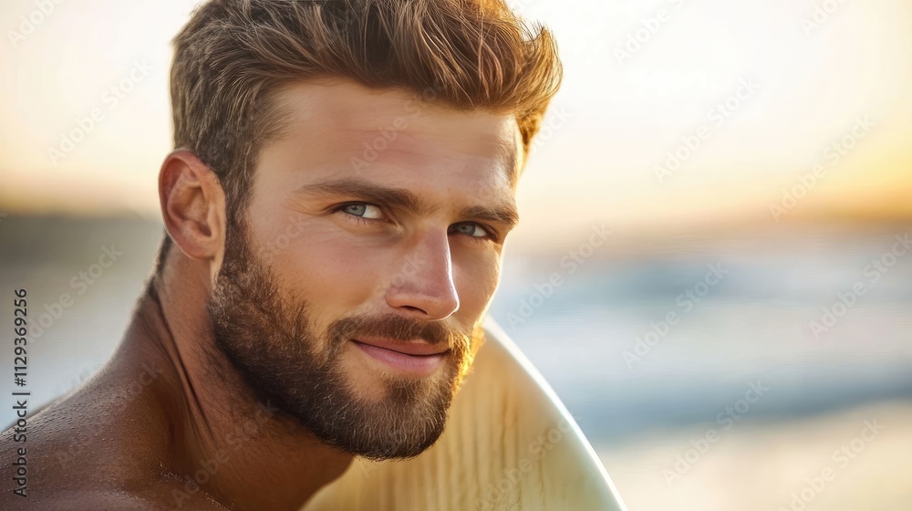 Sunlit Smile: Handsome Bearded Surfer at Sunset Beach Sunlit Smile: Handsome Bearded Surfer at Sunset Beach