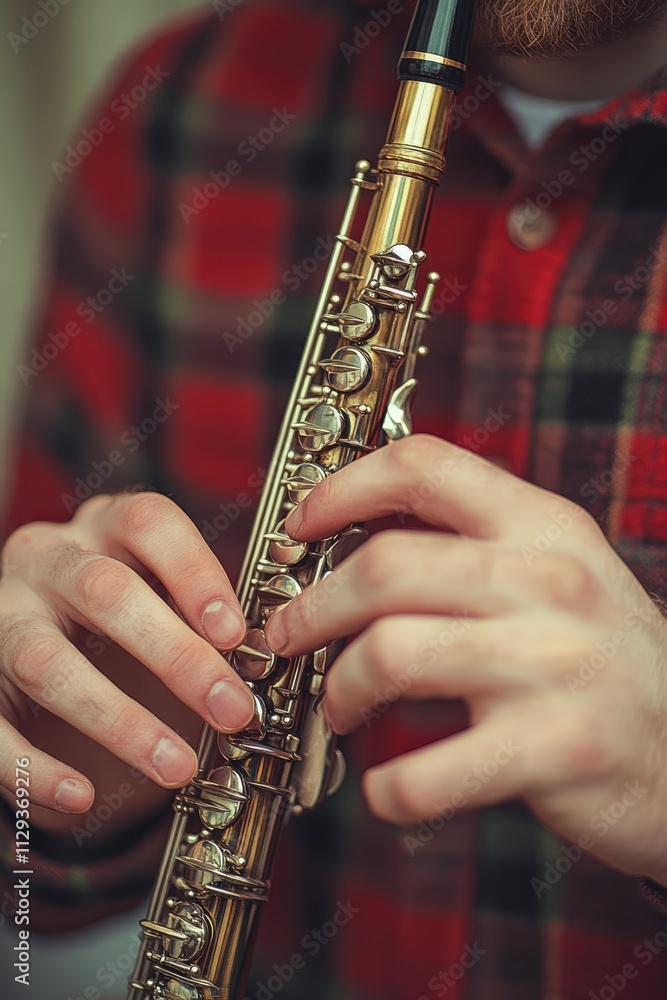 Fototapeta premium Close-Up of Musician Playing a Flute in Casual Plaid Shirt