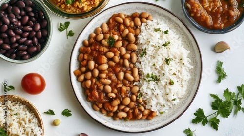 A simple and hearty meal featuring beans, rice, and tomatoes on a table