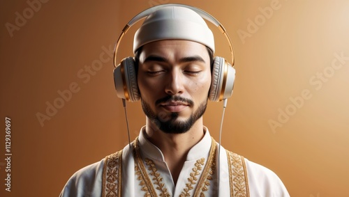 Portrait of young Muslim man listening to Spirtuall with headphones. photo