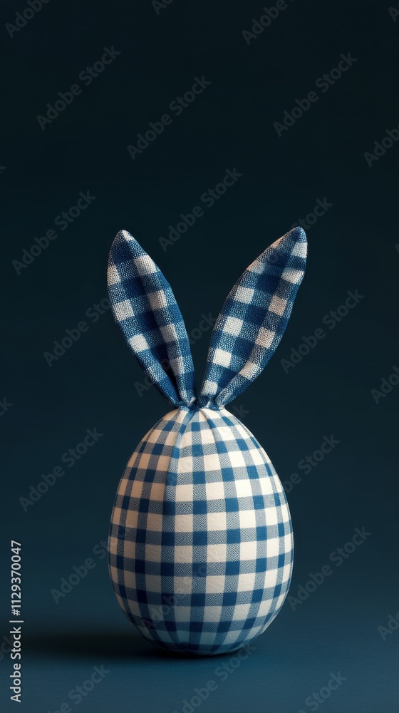 Creative egg decoration featuring checkered cloth bunny ears on a dark background Creative egg decoration featuring checkered cloth bunny ears on a dark background