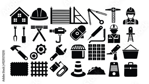 Construction & Building related icon editable stroke outline  set of different types small icons isolated on white background flat vector illustration