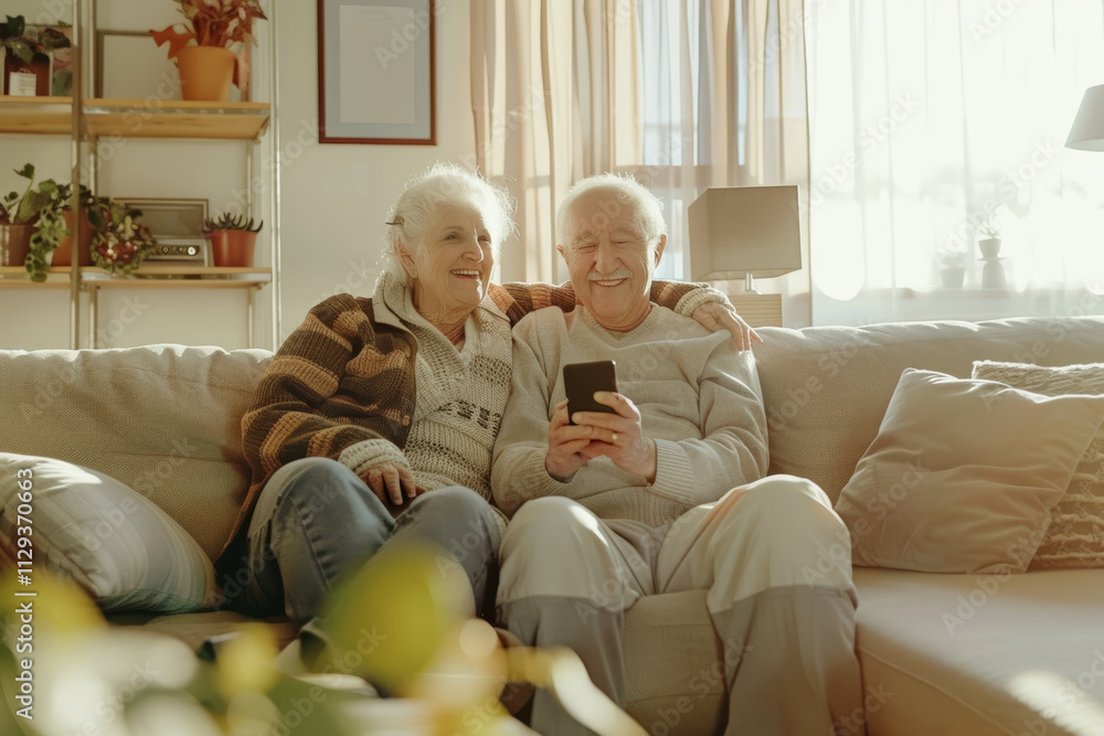 Senior couple relaxing on couch with smartphone in cozy living room Senior couple relaxing on couch with smartphone in cozy living room