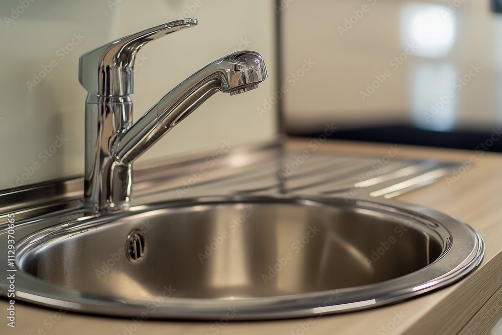 A close-up of a stainless steel sink with a chrome faucet, suitable for interior design and kitchen decor illustrations A close-up of a stainless steel sink with a chrome faucet, suitable for interior design and kitchen decor illustrations