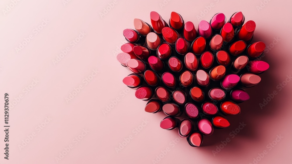 Heart of Lipsticks Valentine s Day Beauty, Romance, and Makeup on Pastel Pink Background Heart of Lipsticks Valentine s Day Beauty, Romance, and Makeup on Pastel Pink Background