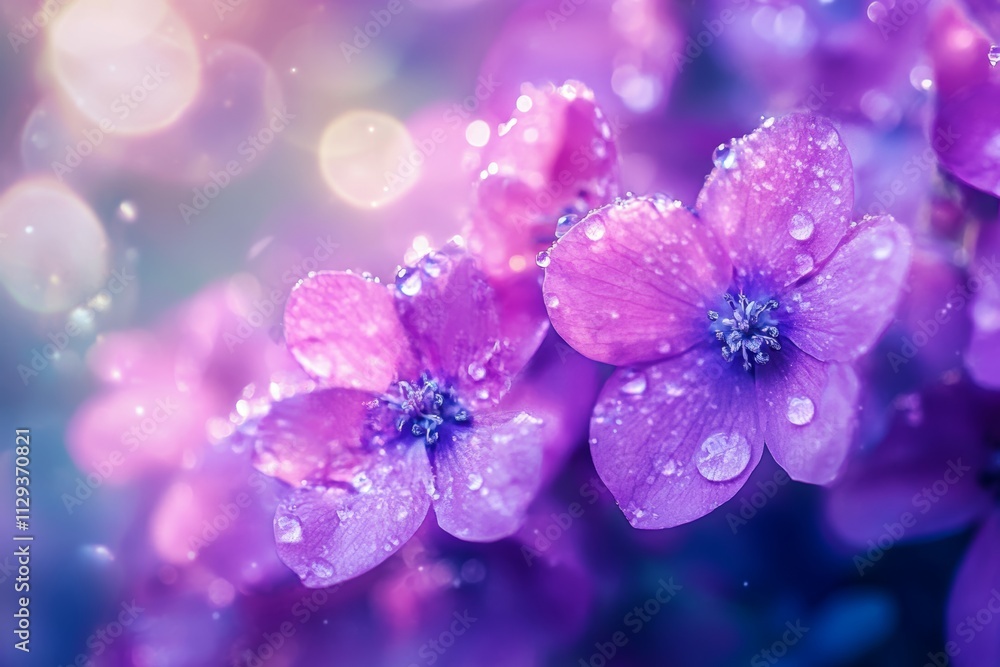 A stunning display of purple flowers adorned with glistening water droplets, set against a soft, blurred background, perfect for a romantic Valentine's Day theme. A stunning display of purple flowers adorned with glistening water droplets, set against a soft, blurred background, perfect for a romantic Valentine's Day theme.