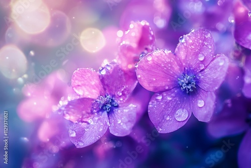 A stunning display of purple flowers adorned with glistening water droplets, set against a soft, blurred background, perfect for a romantic Valentine's Day theme.