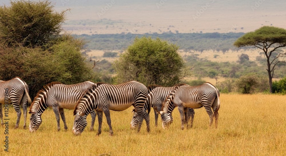 Naklejka premium Zebras grazing in african savannah amidst lush landscape and diverse wildlife