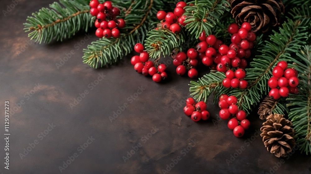 Christmas banner, social media post, copy space. rowanberries, cones, Christmas tree branches Christmas banner, social media post, copy space. rowanberries, cones, Christmas tree branches