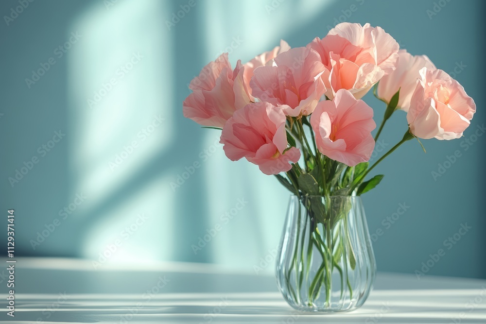 A beautifully arranged vase filled with delicate pink flowers sits elegantly on a table, creating a romantic atmosphere perfect for Valentine's Day. A beautifully arranged vase filled with delicate pink flowers sits elegantly on a table, creating a romantic atmosphere perfect for Valentine's Day.