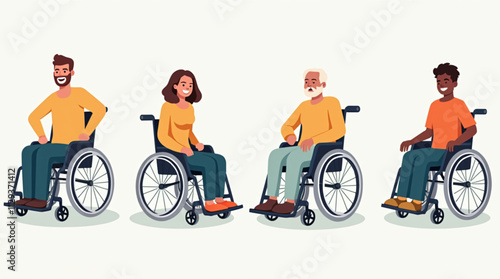 A collection of smiling young people with disabilities in wheelchairs shows diversity, with men and women of different ages and ethnic backgrounds. It is presented as a set of flat vector illustration