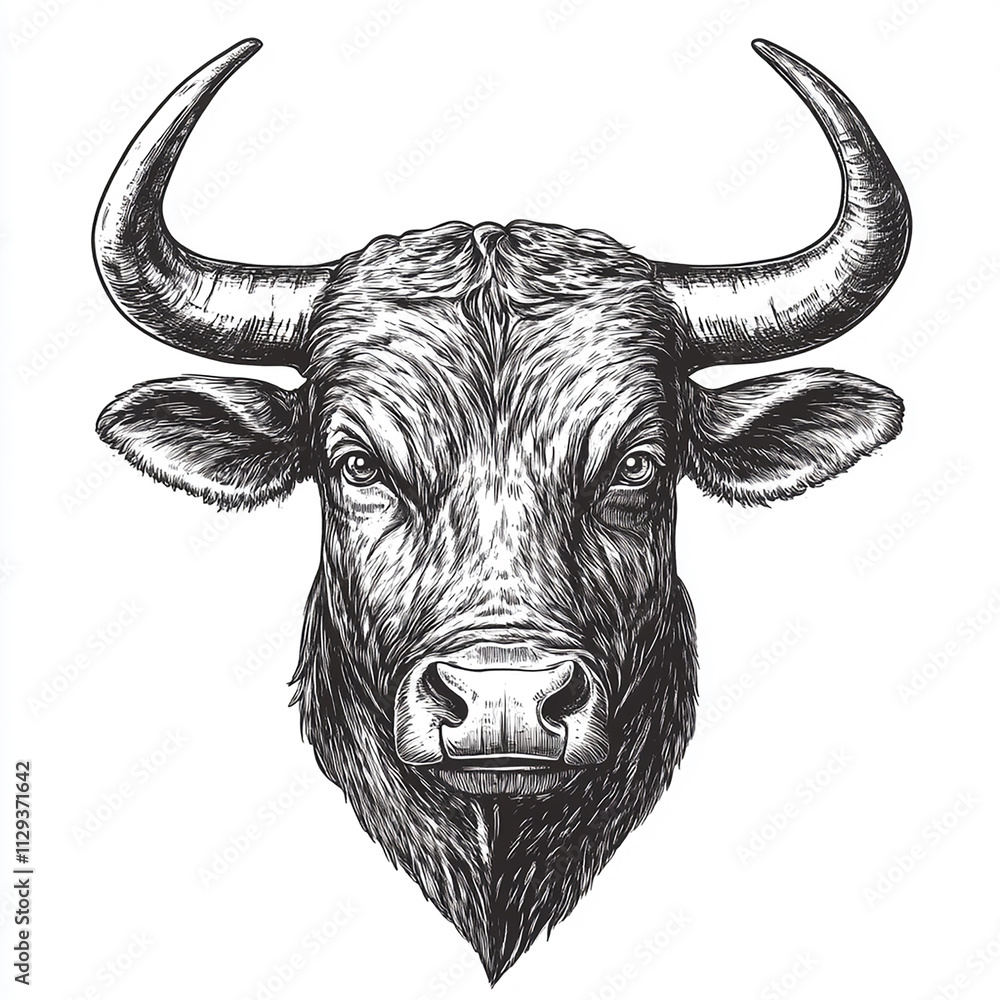 Naklejka premium Detailed Sketch of a Bull’s Head with Large Horns and Powerful Expression on White Background
