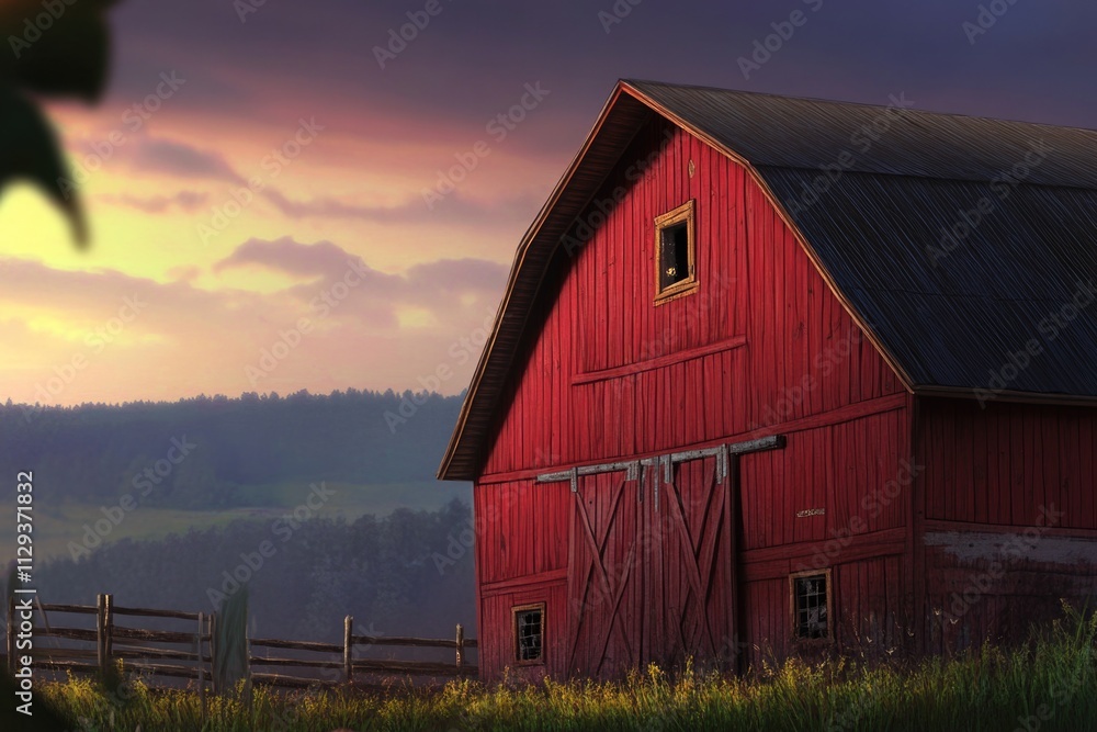 A picturesque red barn sits atop a lush green field, perfect for rural scenery or farm-themed designs A picturesque red barn sits atop a lush green field, perfect for rural scenery or farm-themed designs