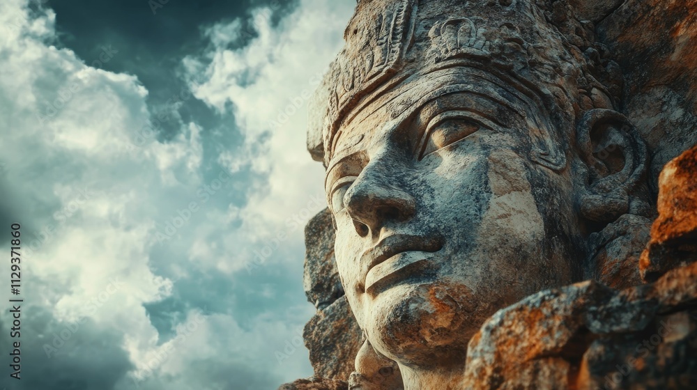 Obraz premium Ancient stone face, weathered, cloudy sky.
