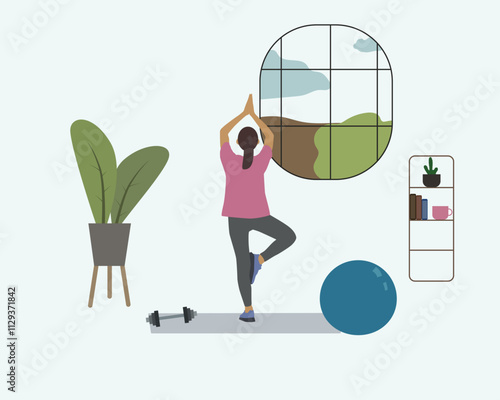 Woman doing tree yoga pose Stand with your back turned and palms together. Put weight on left leg. Place  right foot on the inside of thigh. Flat vector illustration.