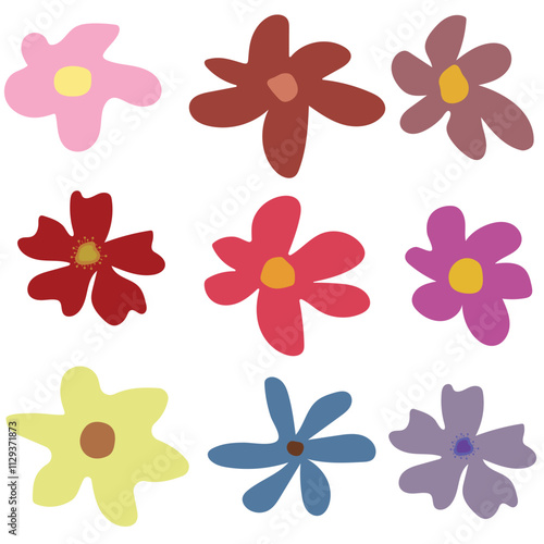 Simple modern flower collection Illustration set of abstract flowers Hippie floral element design. Hand drawn. Flat on a white background.