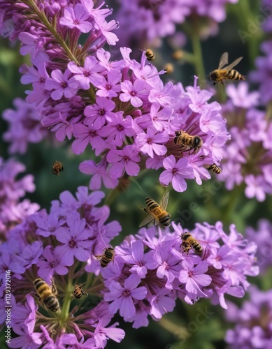 Lilac verbena flowers with multiple small bees flying around and resting on their petals, multiple, fly